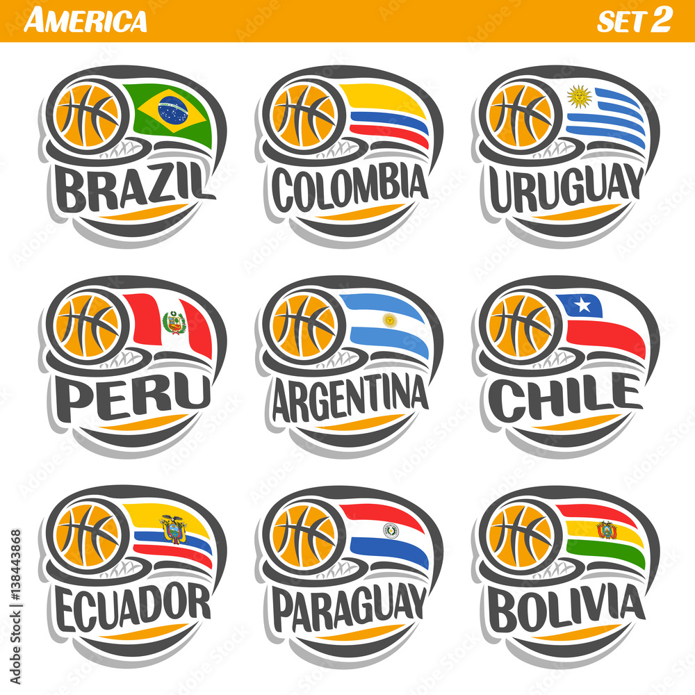 Vector set Flags of American Countries with Basketball Ball: Logo national basketball Teams, Sport group countries of America, icons american flag fiba team with orange ball, logo sport flags america.