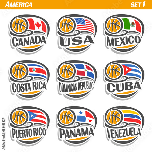 Vector set Flags of American Countries with Basketball Ball: Logo national basketball Teams, Sport group countries of America, icons american flag fiba team with orange ball, logo sport flags america.