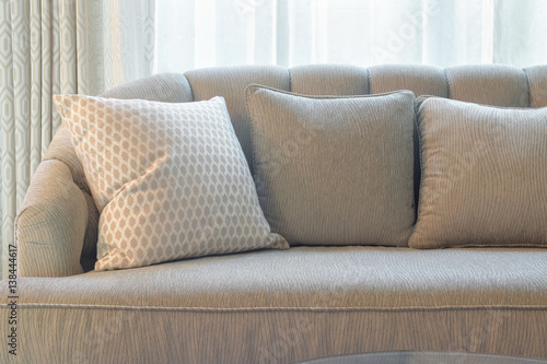 Comfy sofa with pillows in living room