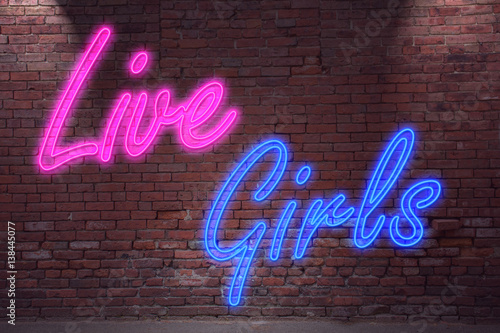 Leuchtreklame Live Girls an Ziegelsteinmauer