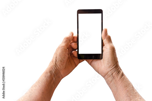 older person, hand holding smart phone with blank white screen isolated