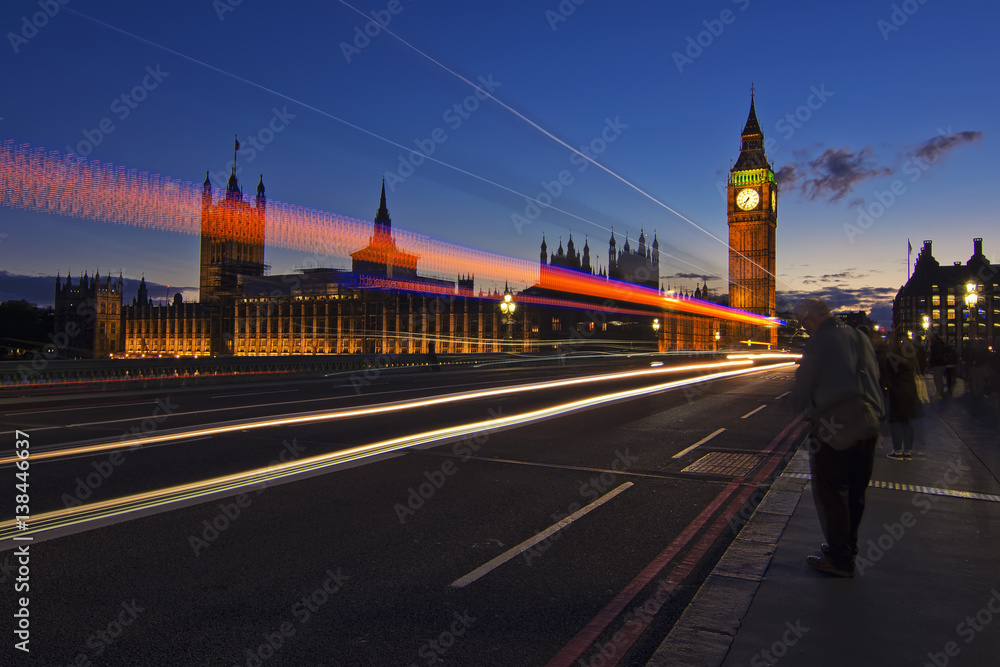 Big Ben and Westminster Bridge on the River Thames in Night, UK
