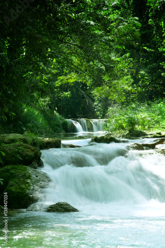 panorama view of nice waterfall in green tropic environment
