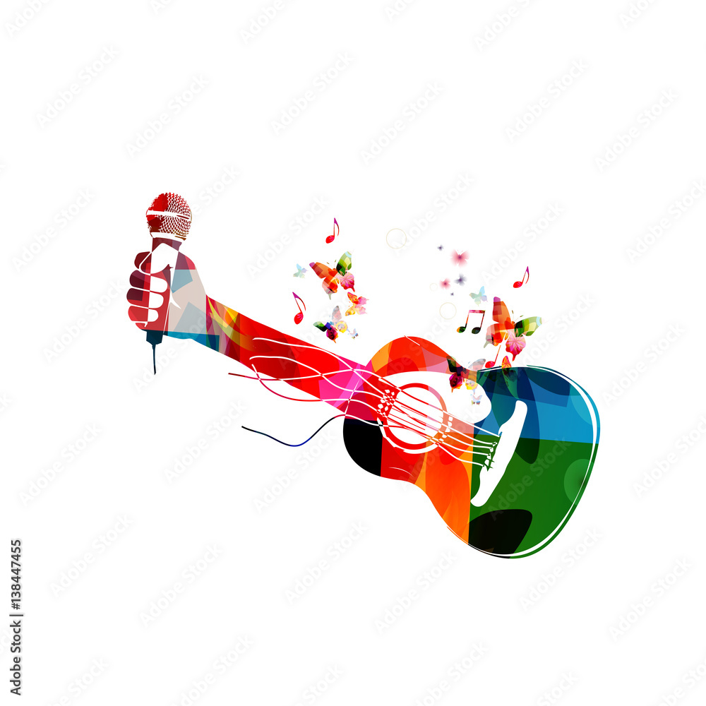 Colorful acoustic guitar with hand and microphone. Music instrument with  music notes background vector illustration. Design for poster, brochure,  invitation, banner, flyer, concert and music festival Stock-vektor | Adobe  Stock