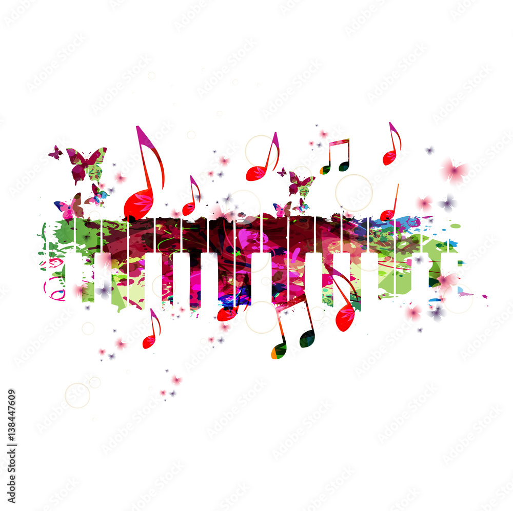 Colorful piano keyboard with music notes. Music instrument background vector illustration