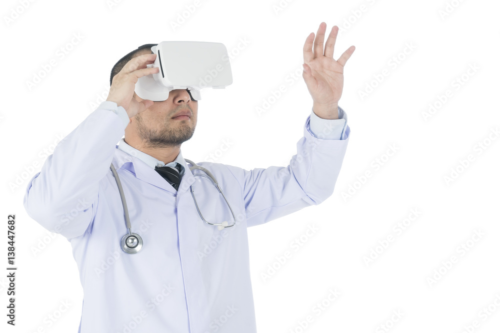 Doctor using a VR headset to check medical information Doctor using a VR headset to check medical information