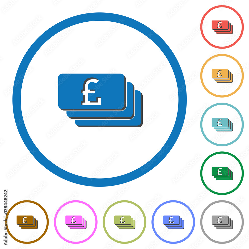 Pound banknotes icons with shadows and outlines Pound banknotes icons with shadows and outlines