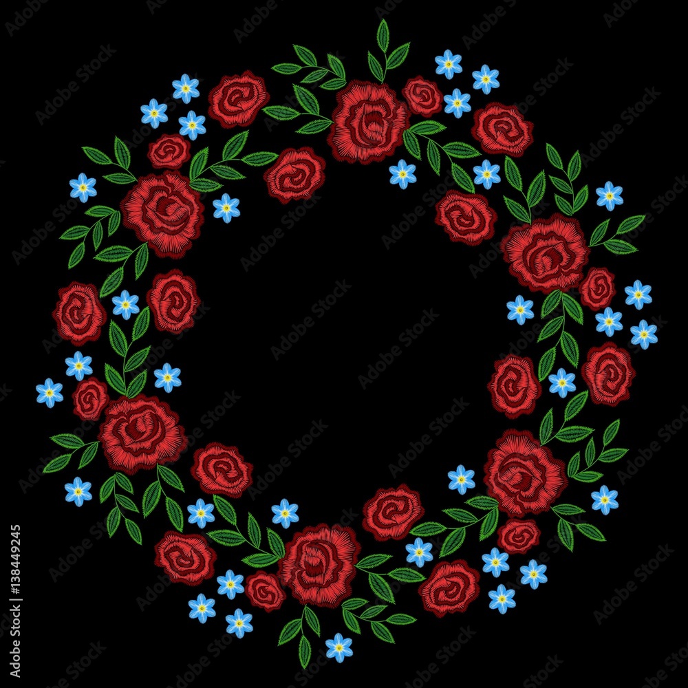 Embroidery rose, forget me not flowers wreath for decor. Vector fashion  embroidered ornament on black background for textile, fabric traditional  folk decoration. Stock Vector | Adobe Stock