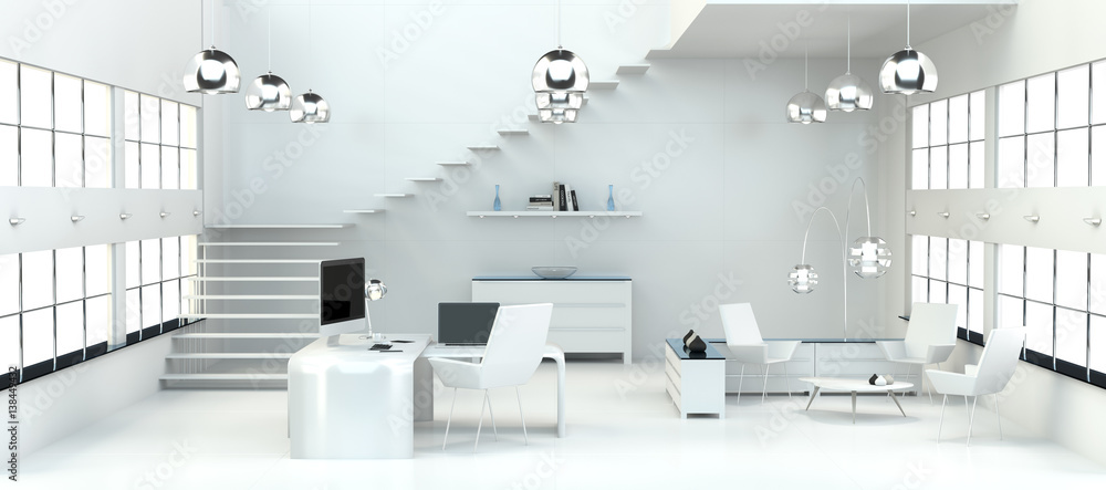 Modern white office interior with computer and devices 3D rendering Modern white office interior with computer and devices 3D rendering