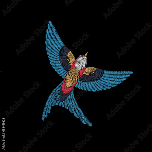 Embroidery stitches with swallow bird. Vector fashion ornament for textile, fabric traditional folk  decoration.