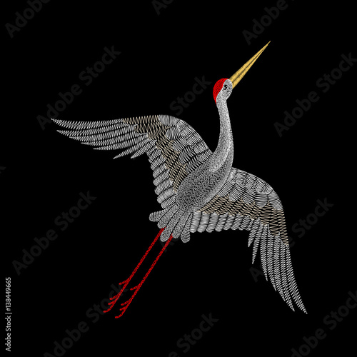 Embroidery with crane bird for neckline. Vector fashion embroidered ornament on black background for textile, fabric traditional folk decoration.