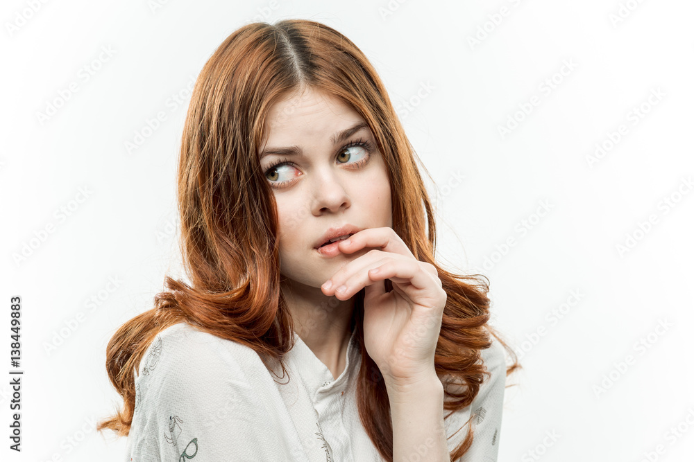 red-haired woman looking away, bright background red-haired woman looking away, bright background