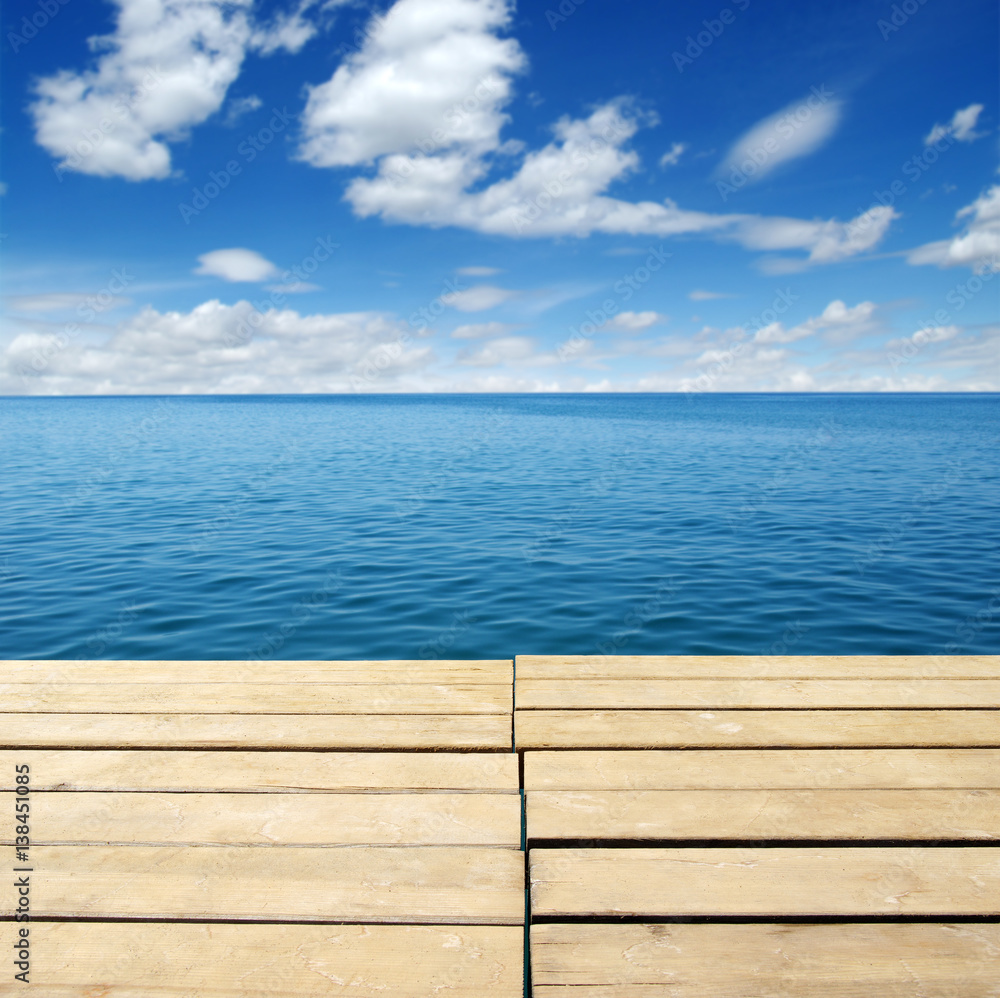 Wood, blue sea and sky
