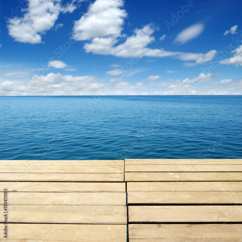 Wood, blue sea and sky
