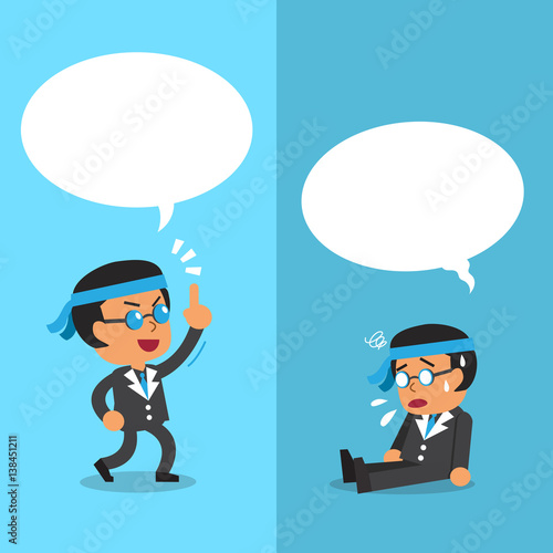 Cartoon a businessman expressing different emotions with white speech bubbles