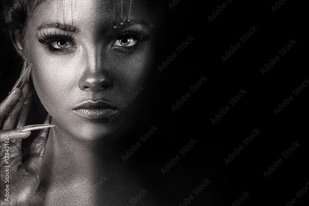 Beauty Fashion model girl black and white portrait, woman portrait with perfect makeup and manicure. Beauty trends Beauty Fashion model girl black and white portrait, woman portrait with perfect makeup and manicure. Beauty trends