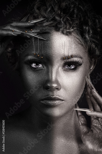 Beauty Fashion model girl black and white portrait,  woman portrait with perfect makeup and manicure. Beauty trends