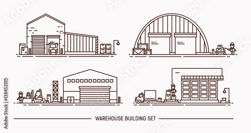 Set of warehouse buildings of different shape with freight transport. Isometric. Lineart. Contour illustration.