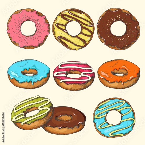 Big Set of hand drawn glazed colored donuts. Desert. Sweet life. Sketch. Vector 