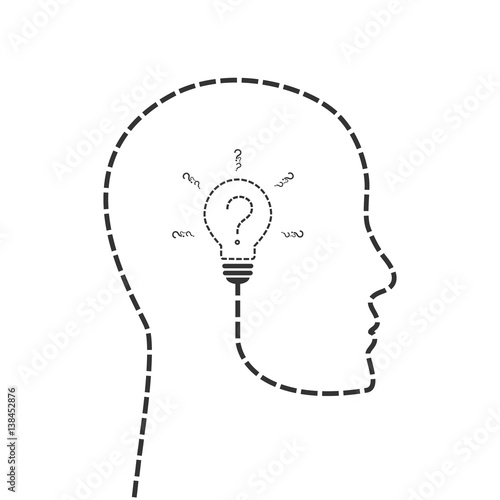 Thinking and planning concept. Profile line made of dash line with lightbulb and question mark.