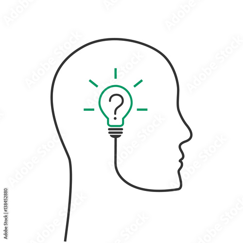 Thinking and problem solving concept with head and light bulb with question mark