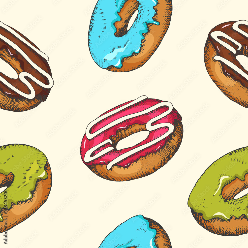 Seamless pattern with different glazed colored donuts. Sketch, hand drawn. Desert background