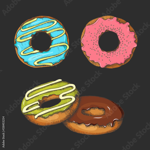 Set of hand drawn glazed colored donuts on black. Desert. Sweet life. Sketch. Vector 