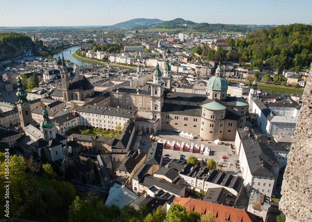 Top view of the Salzach river and the old city in center of Salzburg, Austria, from the walls of the fortress / Festung Hohensalzburg /