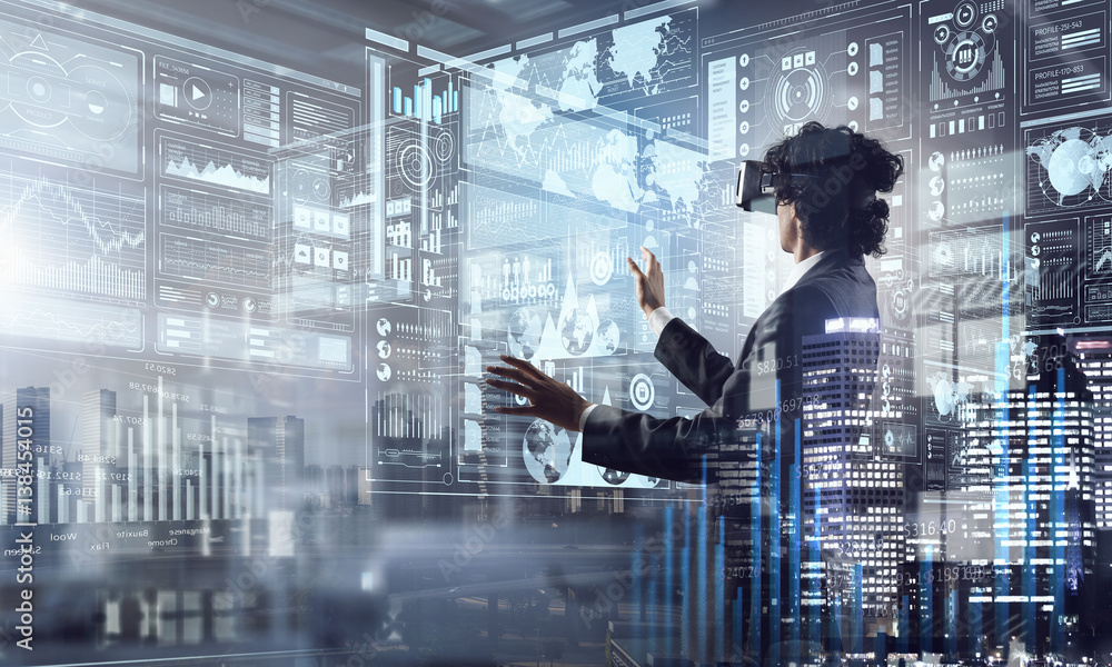 Man in virtual helmet . Mixed media Man in virtual helmet . Mixed media