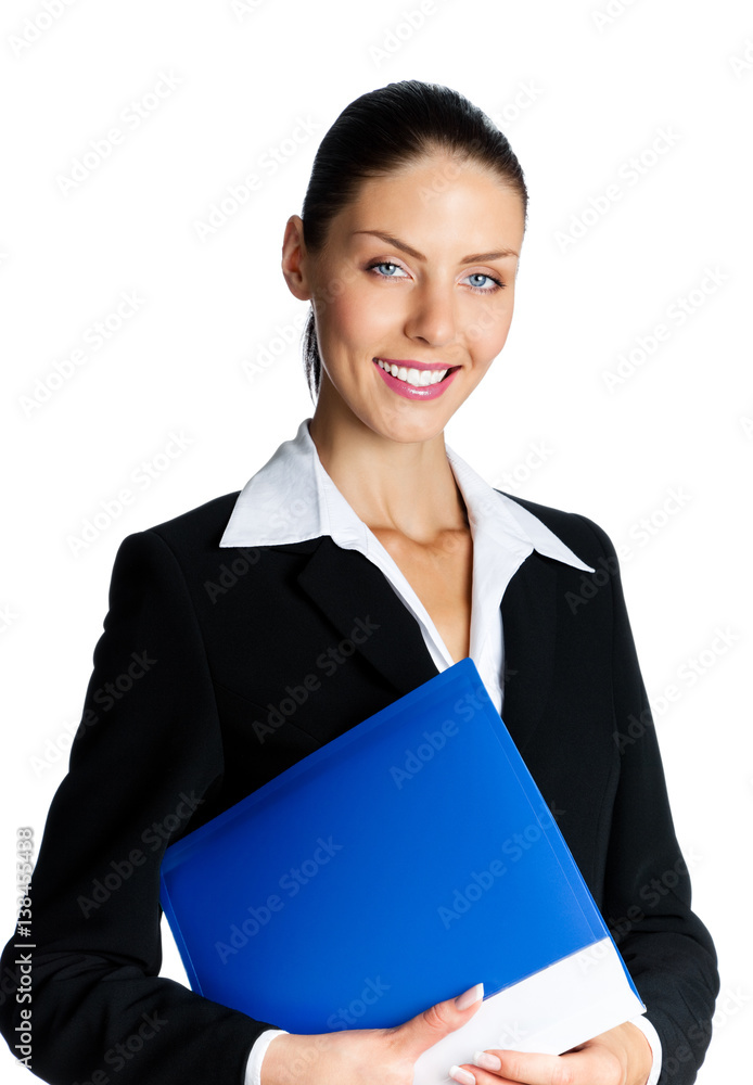 Young beautiful happy smiling businesswoman with blue folder, isolated on white background. Caucasian female model in business success concept studio shot. Young beautiful happy smiling businesswoman with blue folder, isolated on white background. Caucasian female model in business success concept studio shot.