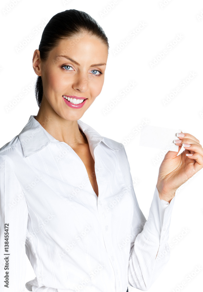 Happy smiling businesswoman with blank business card, isolated on white backround. Success in business concept studio shot. Happy smiling businesswoman with blank business card, isolated on white backround. Success in business concept studio shot.