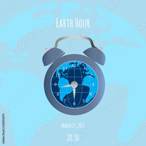 Earth and alarm clock on blue background