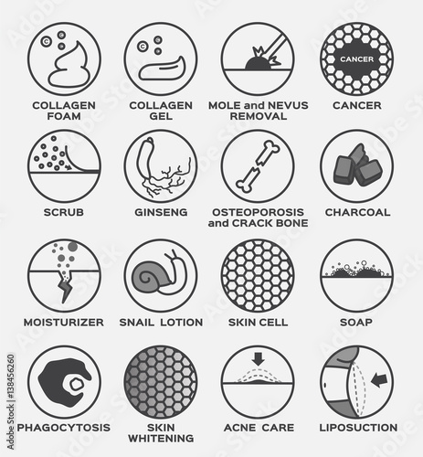 skin icon and vector . collagen foam and gel mole nevus cancer scrub ginseng osteoporosis charcoal moisturizer snail lotion skin cell soap phagocytosis skin whitening acne liposuction