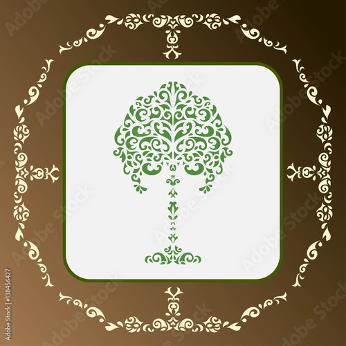 105_Pattern green tree ornamental framen tree; white  card gradient coffee background; ornamental frame photo