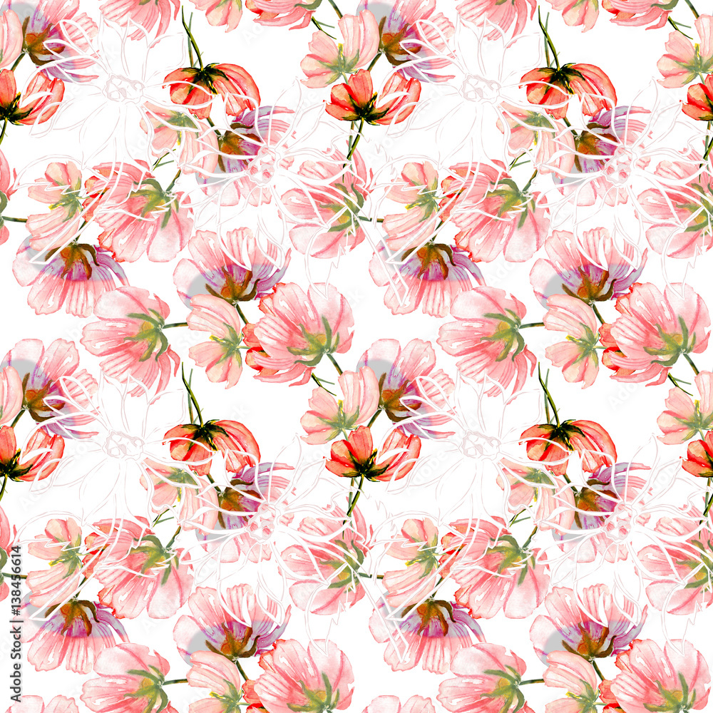 Flowers, watercolor hand painting, seamless pattern