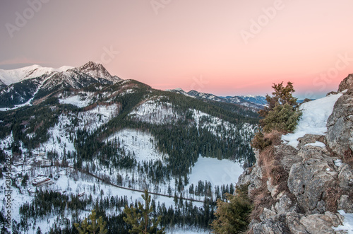 Winter Tatra mountains landscape, panorama of Kuznice (Zakopane) and Giewont peak in the morning