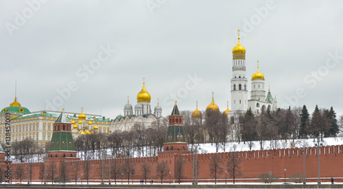 MOSCOW - February 24, 2017 View from the Sofia quay at Archangel and Annunciation Cathedral. Moscow Kremlin . Beautiful scenery on the background of the cloudy sky.