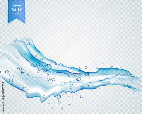 transparent water splash with drops in light blue color flowing in wavy shape