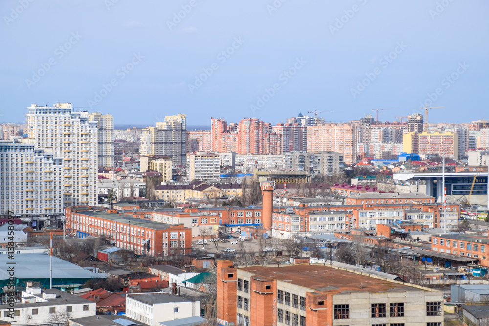 Naklejka premium City landscape. The view from the heights of the 24th floor. Krasnodar city. Urban view.