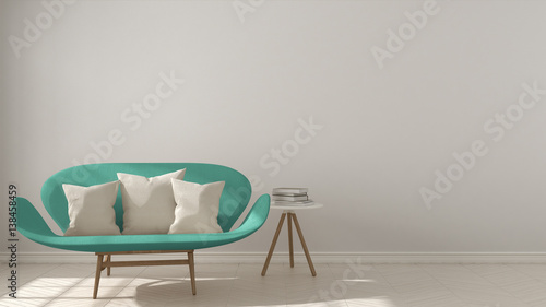 Fototapeta Naklejka Na Ścianę i Meble -  Scandinavian minimalistic background, with turquoise sofa on herringbone natural parquet flooring, interior design