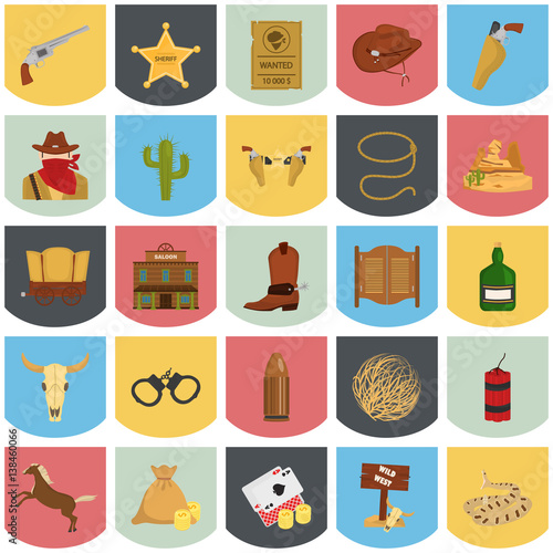 Set of wild west theme color flat icons for web and mobile design