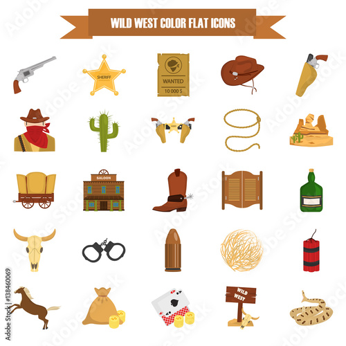 Set of wild west theme color flat icons for web and mobile design