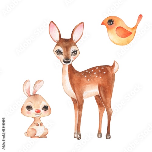 Hand drawn cute fawn, bunny and bird. Cartoon illustration, isolated on white. Watercolor set © Gribanessa