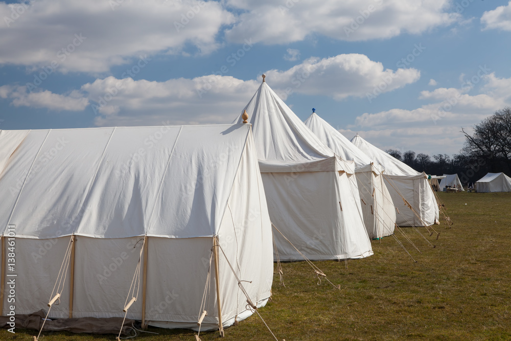 Vintage wall tents, Napoleonic war white cotton military camp