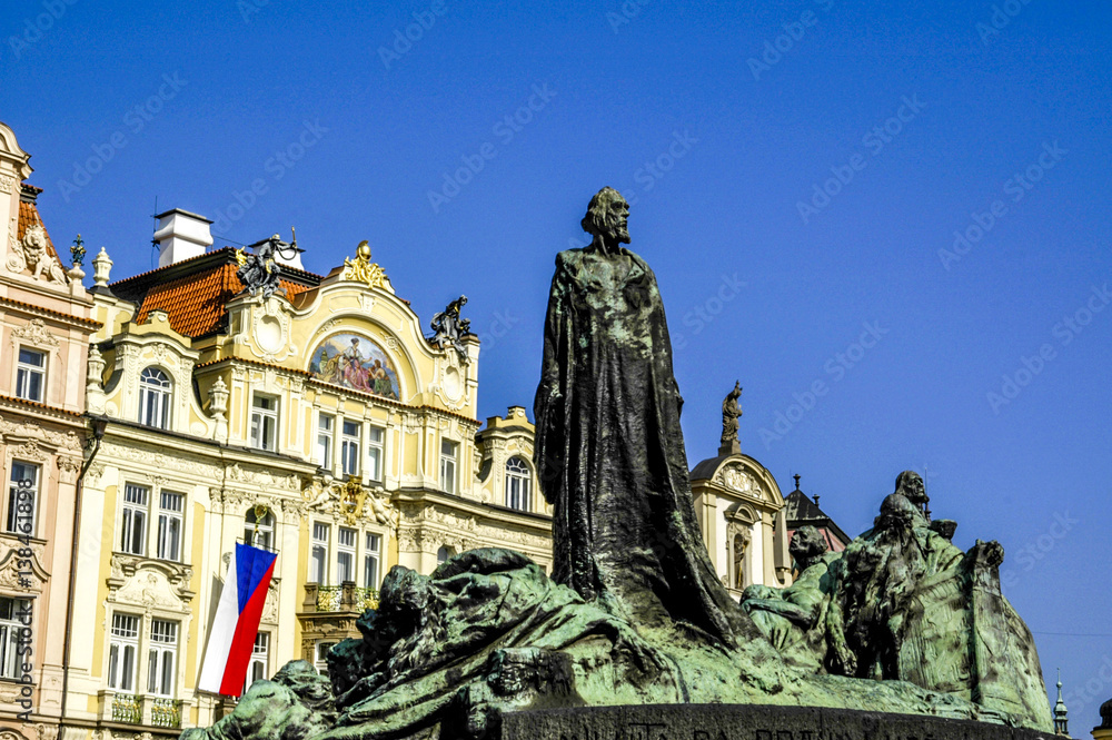 Prague, city center, row of houses, statue, Czech Republic