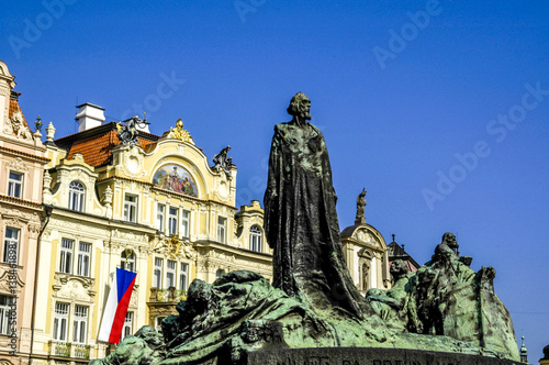Prague, city center, row of houses, statue, Czech Republic