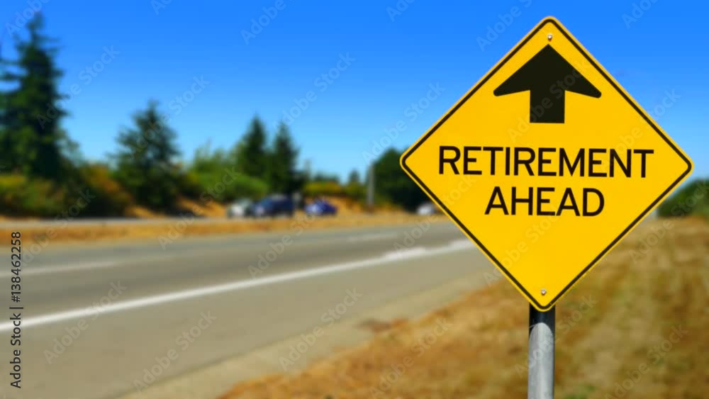 4K Retirement Ahead Arrow, Yellow Traffic Road Sign 4K Retirement Ahead Arrow, Yellow Traffic Road Sign