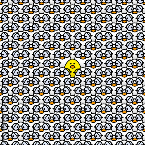 Yellow Chick surrounded by White Chicks with Round Spectacles