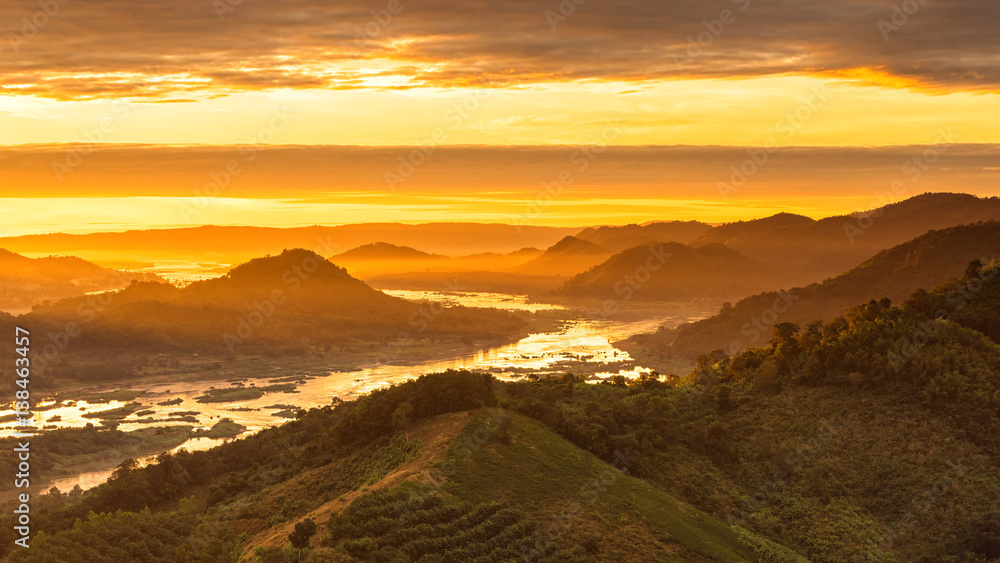 Tranquil in the morning with natural landscape, Beautiful sunrise with mountain and river high angle view