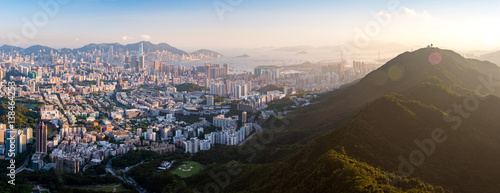 Top view from The lion rock park, sunset onver Kowloon and Hong kong sky. photo